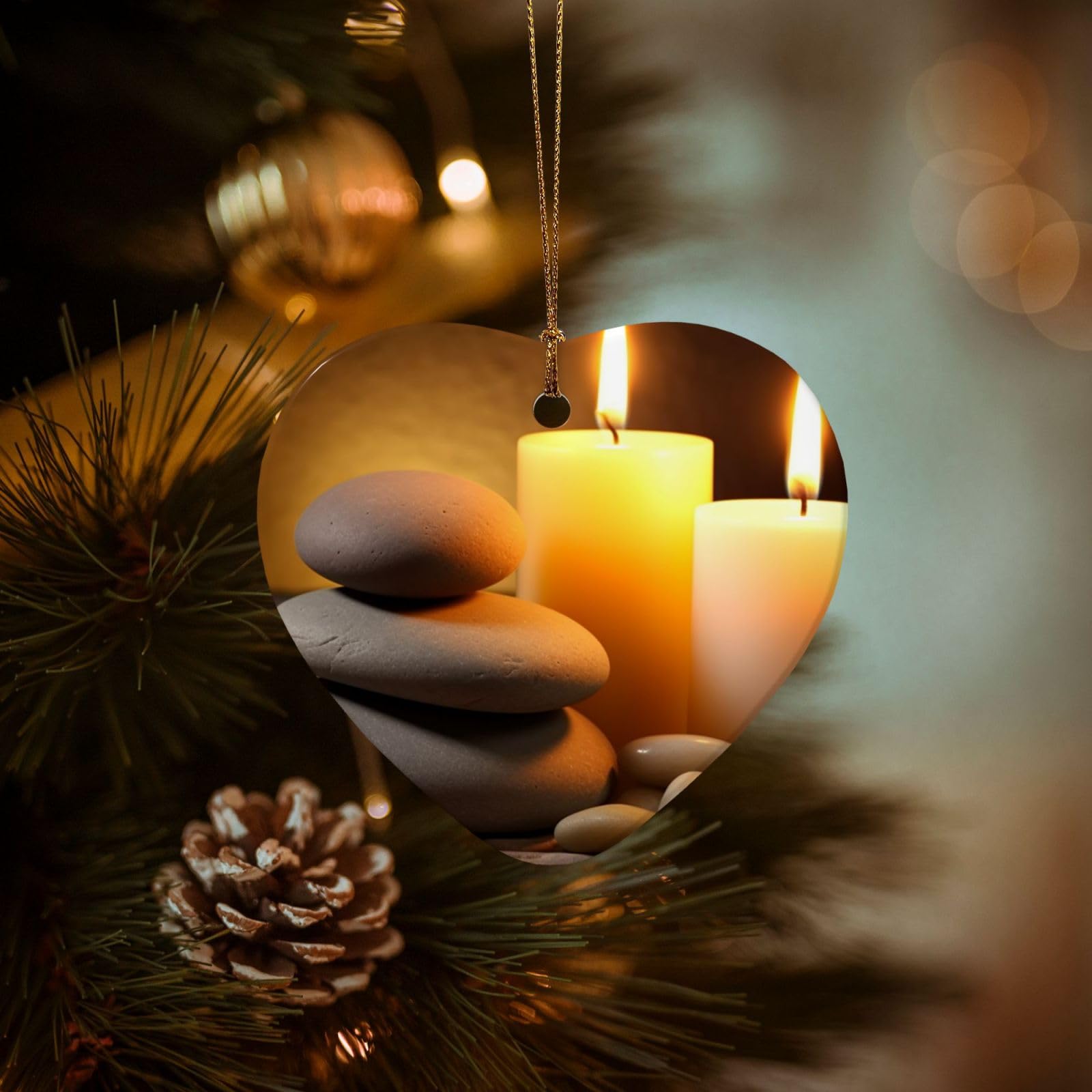 Christmas Tree Ornaments Ceramics Christmas Decorations Candles and Stone Ornaments with Gold Ribbon Porcelain Xmas Tree Crafts Heart Shape Hanging Pendant for Christmas Tree Party Decor