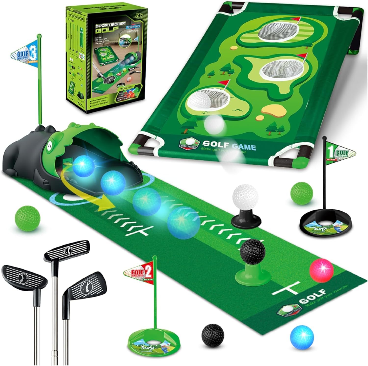 3 in 1 Kids Golf Set with Dinosaur Automatic Golf Returner, Golf Cornhole Board, Led Light Up Balls, Putting Mat, 3-8 Toddler Mini Golf Games, Indoor Outdoor Golf Toys Gift for Boys Girls 3