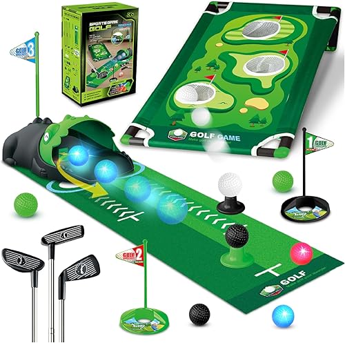 Juego de golf 3 en 1 para niños con devuelvedor automático de dinosaurio, tablero de Cornhole de golf, bolas con luz LED, alfombra de putt, 3-8