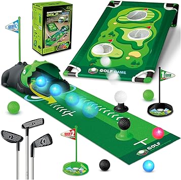 TERRAMUS 3 in 1 Kids Golf Set with Dinosaur Automatic Golf Returner, Golf Cornhole Board, Led Light Up Balls, Putting Mat, 3-8 Toddler Mini Golf Games, Indoor Outdoor Golf Toys Gift for Boys Girls 3+