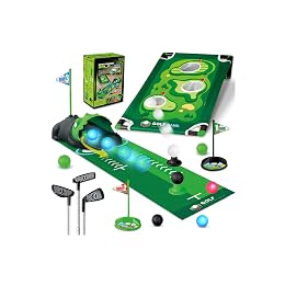 TERRAMUS 3 in 1 Kids Golf Set with Dinosaur Automatic Golf Returner, Golf Cornhole Board, Led Light Up Balls, Putting Mat, 3-8 Toddler Mini Golf Games, Indoor Outdoor Golf Toys Gift for Boys Girls 3+