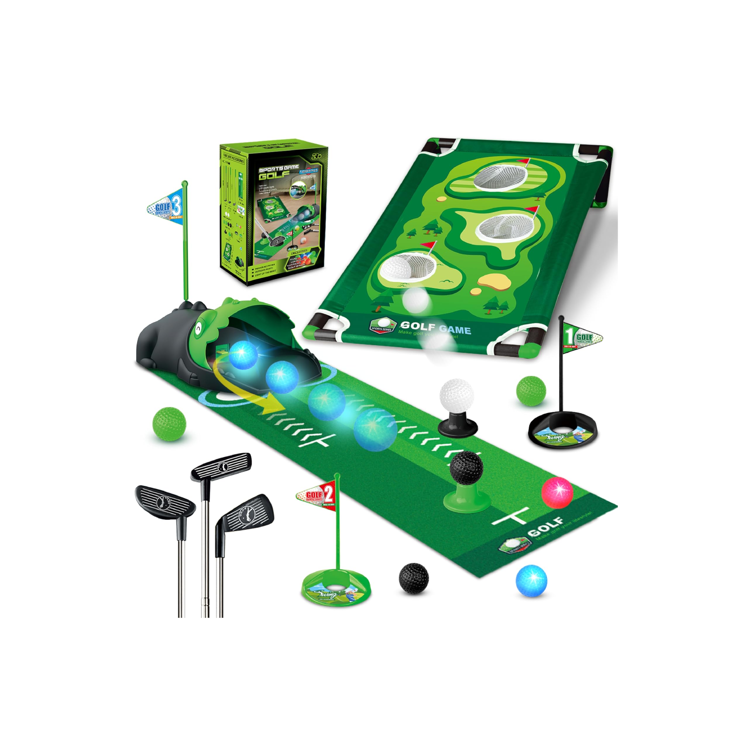 TERRAMUS Set da Golf 3 in 1 per Bambini con Ritorno Automatico Golf Dinosaursco, Tavolo da Golf Cornhole,Palline Luminose al LED,Tappeto per Il Putting,Mini Giochi di Golf,Regalo per Bambini 3-8 Anni