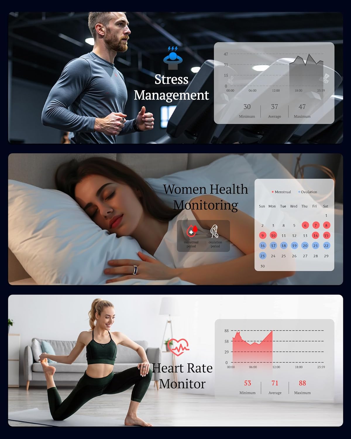 Smart Ring for Women & Men with Display, Health Ring with Heart Rate, Sleep Monitor, IP68 Waterproof Fitness Ring, Fitness Tracker Ring, No APP Fee for iPhone and Android (Rose Gold, 10#)