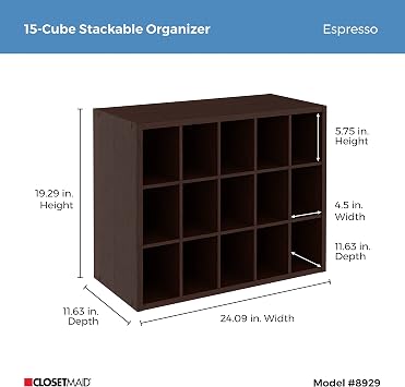ClosetMaid 15 Cube Stackable Storage Organizer for Shoes, Bags, Crafts, Hobbies with Wood Shelves, for Closet, Entryway or Mudroom, Espresso