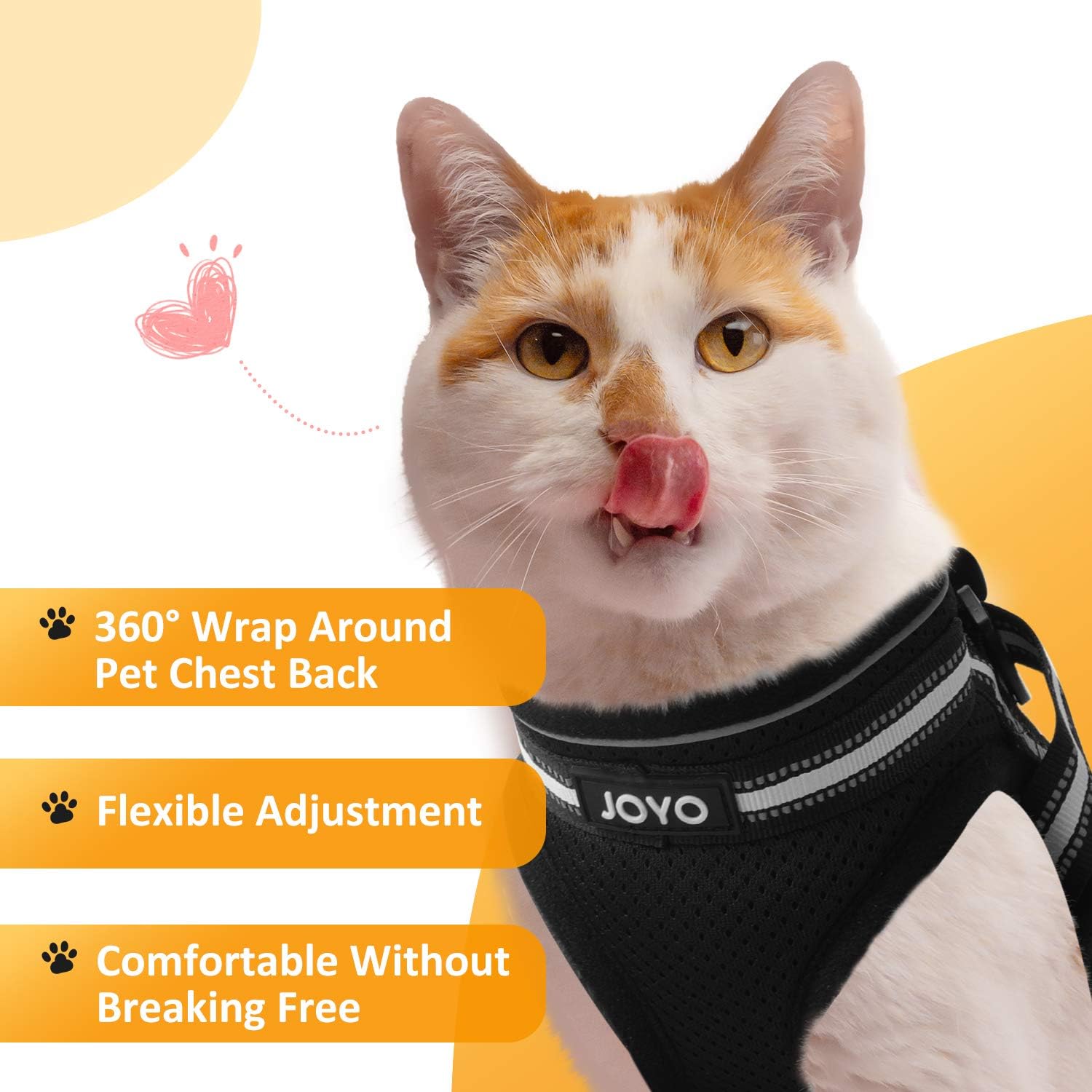 JOYO Cat Harness, Breathable Soft Cat Harness and Lesh, Adjustable Easy Control Kitty Harness Escape Proof with Reflective Strap, Size S: Chest Girth:12.3-14.4 in, Weight 4.5-7.7 lb