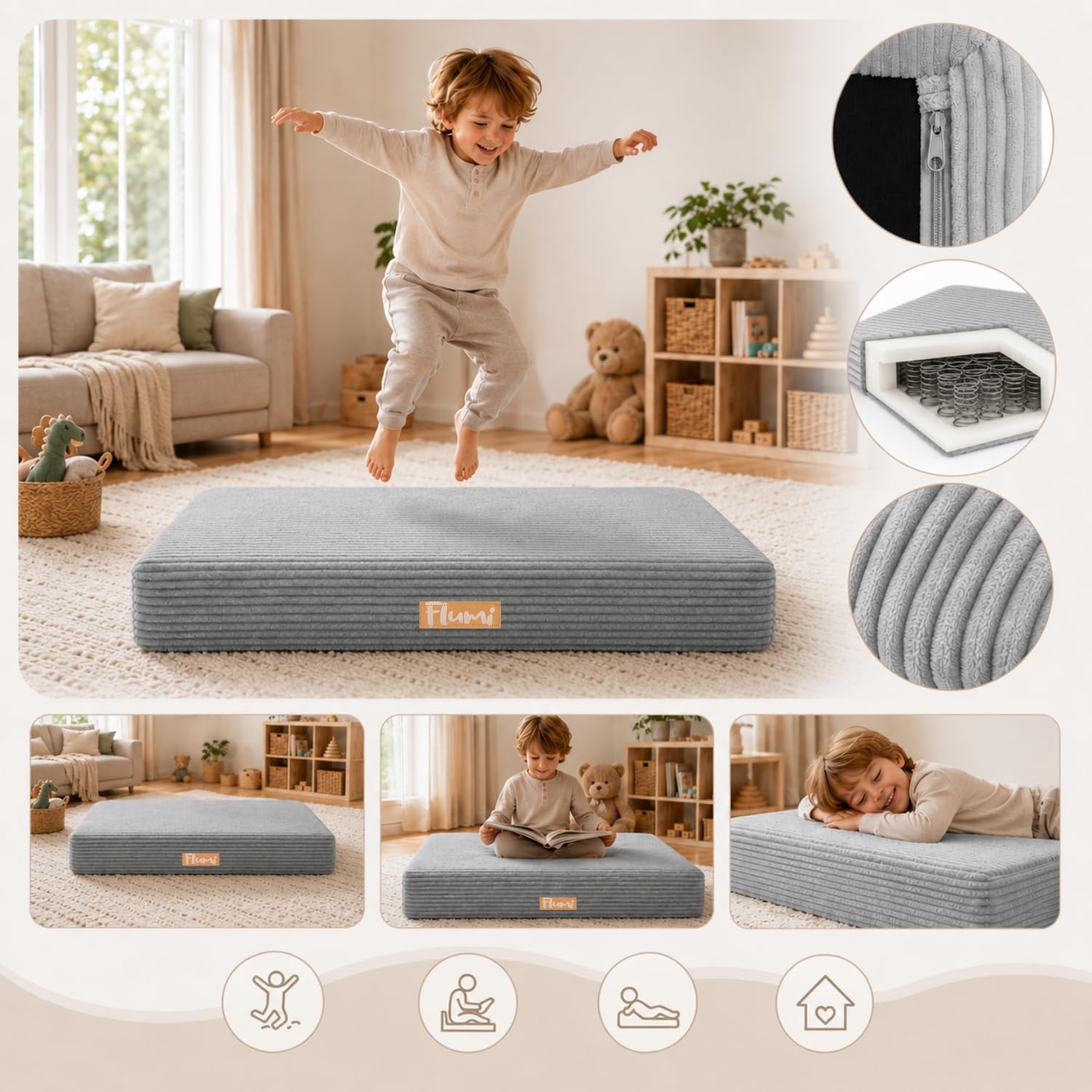 Flumi Hüpfpolster mit Namen, weiches Bodenkissen mit Cordbezug, Indoor Bewegungsmatte für Kinder, 110 x 71 x 15,5 cm (Beige)