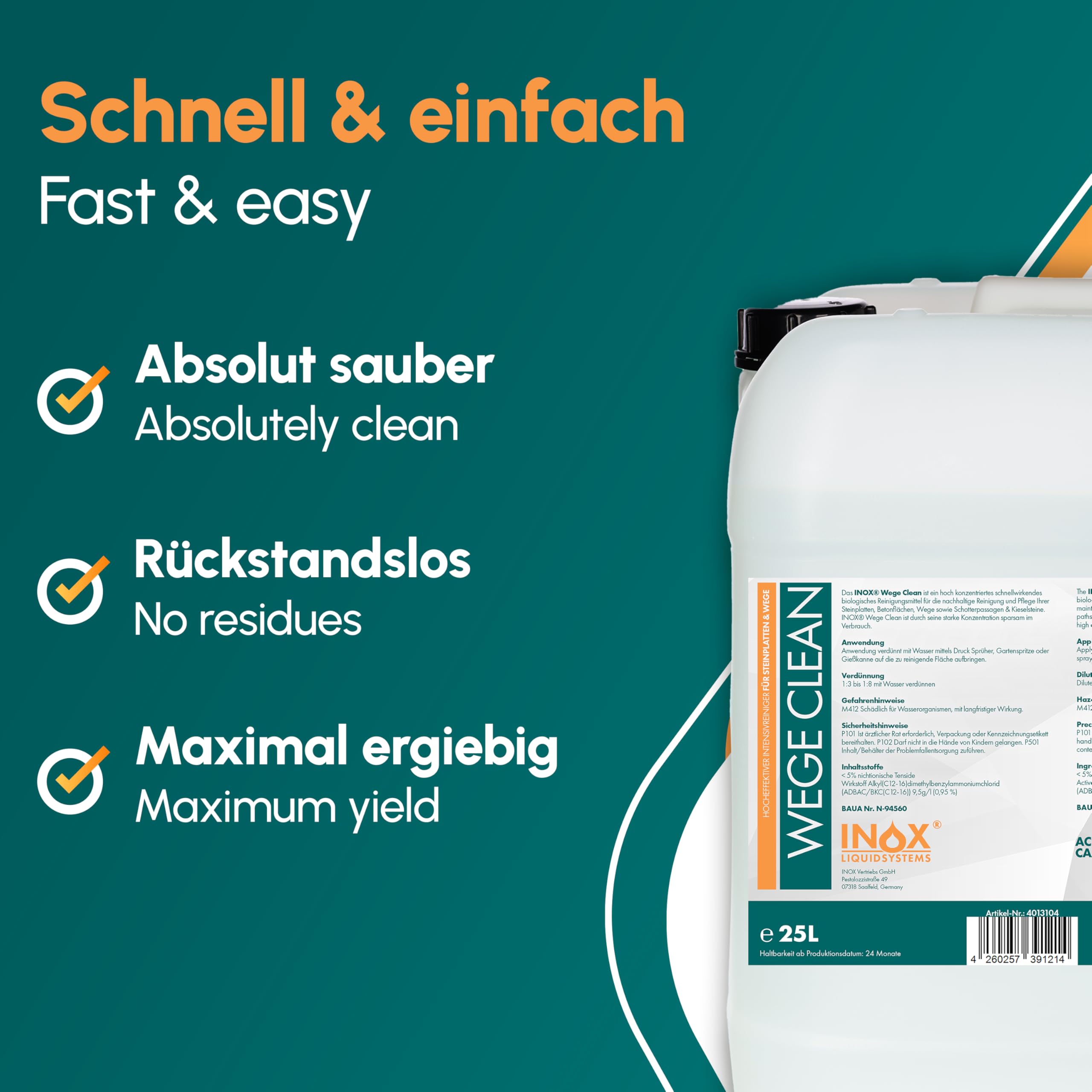 INOX® - Effektives Wege Clean Steinreiniger 25L | Intensiv außen | Grünbelagentferner, Algen-, Flechten- & Moosentferner | Reinigt Stein, Beton, Fliesen & Fassaden