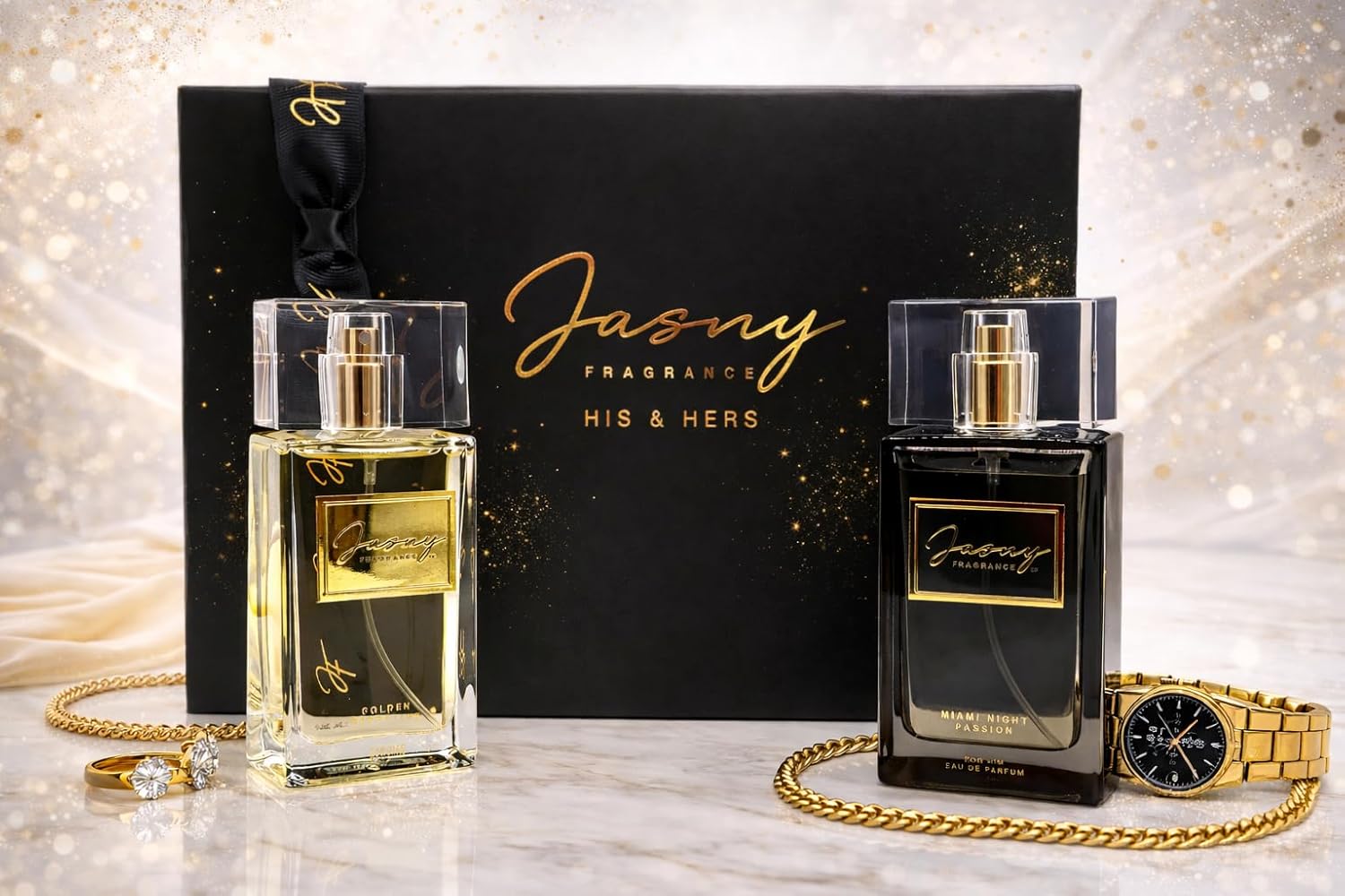Miami Night Passion & Golden Sensation Perfume Set – Fragrances for Him & Her (50ml each) | Floral, Citrus & Woody Aromatic Notes | Luxury & Elegance by Jasny Fragrance