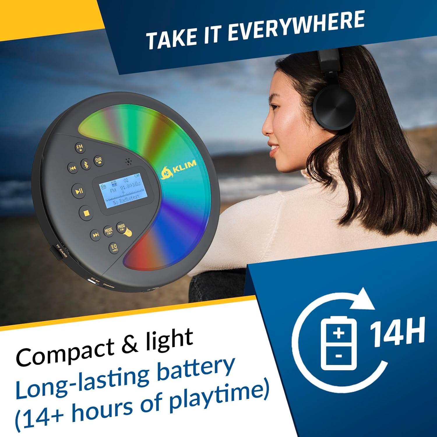 KLIM Discover with Headphones - Portable CD Player with Long-Lasting Battery - New - Radio FM - Compatible MP3 CD Player Portable - SD Card, FM Transmitter, Bluetooth - Ideal for Cars - Black/Gold