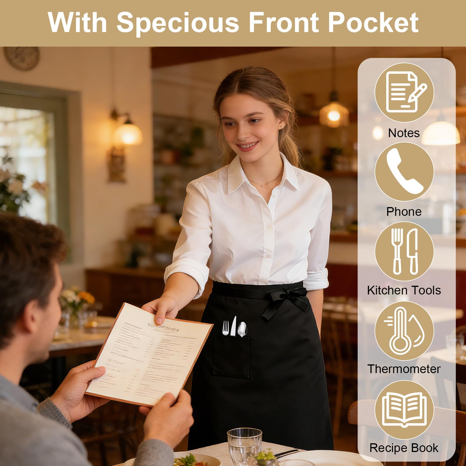 3 Stück Vorbinder Schürze mit Tasche, 68x70cm Kellnerschürze Verstellbare Lang Vorbinder, Kochschürze Halbe Arbeit Servierschürze Taillenschürze Schwarz für Küche Restaurant Bistro Florist Caf