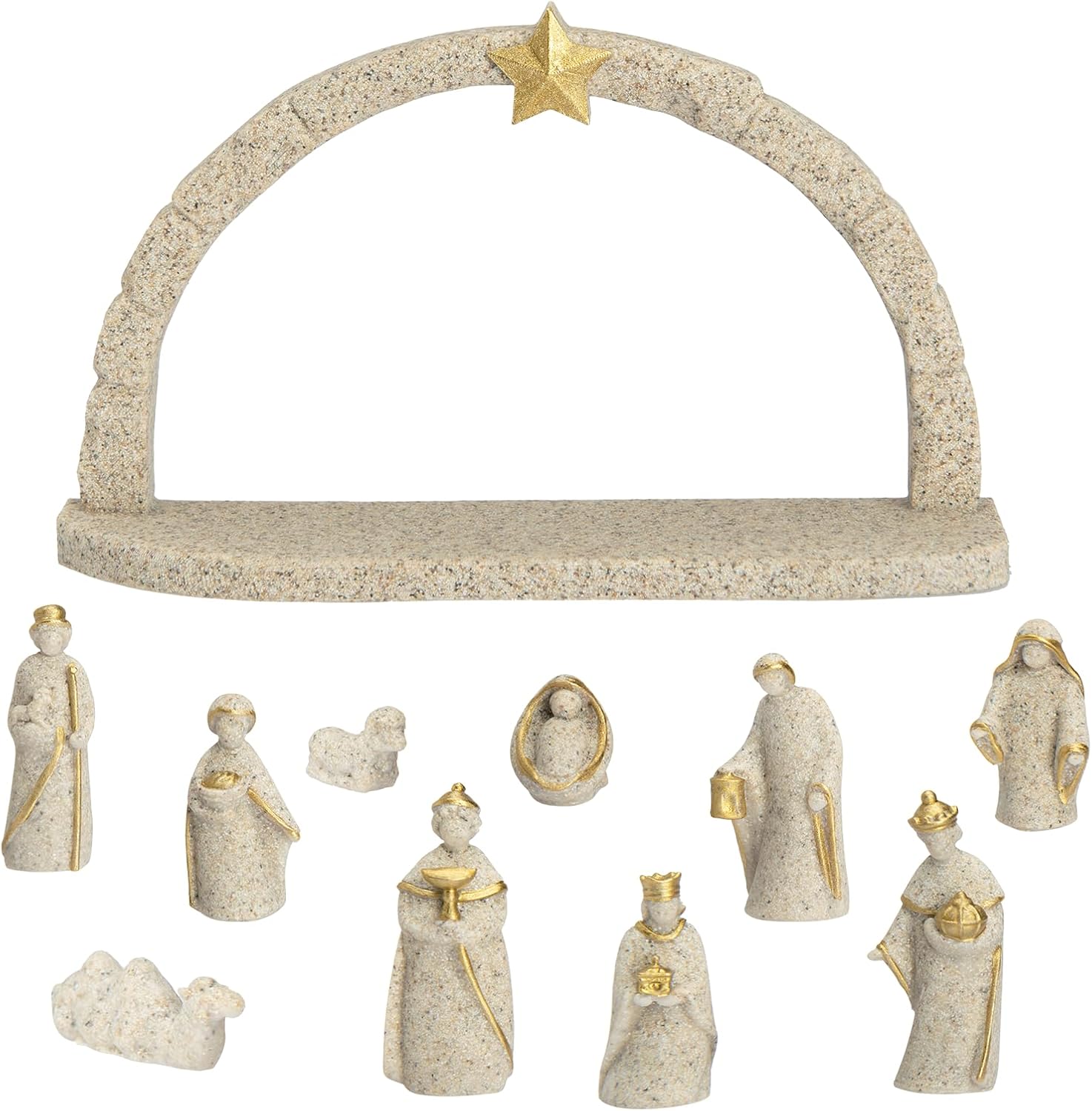 Handcrafted Resin Nativity Scene Set, White and Gold, 11-Piece Christmas Figurine Collection with Arch Stable