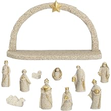 Handcrafted Resin Nativity Scene Set, White and Gold, 11-Piece Christmas Figurine Collection with Arch Stable
