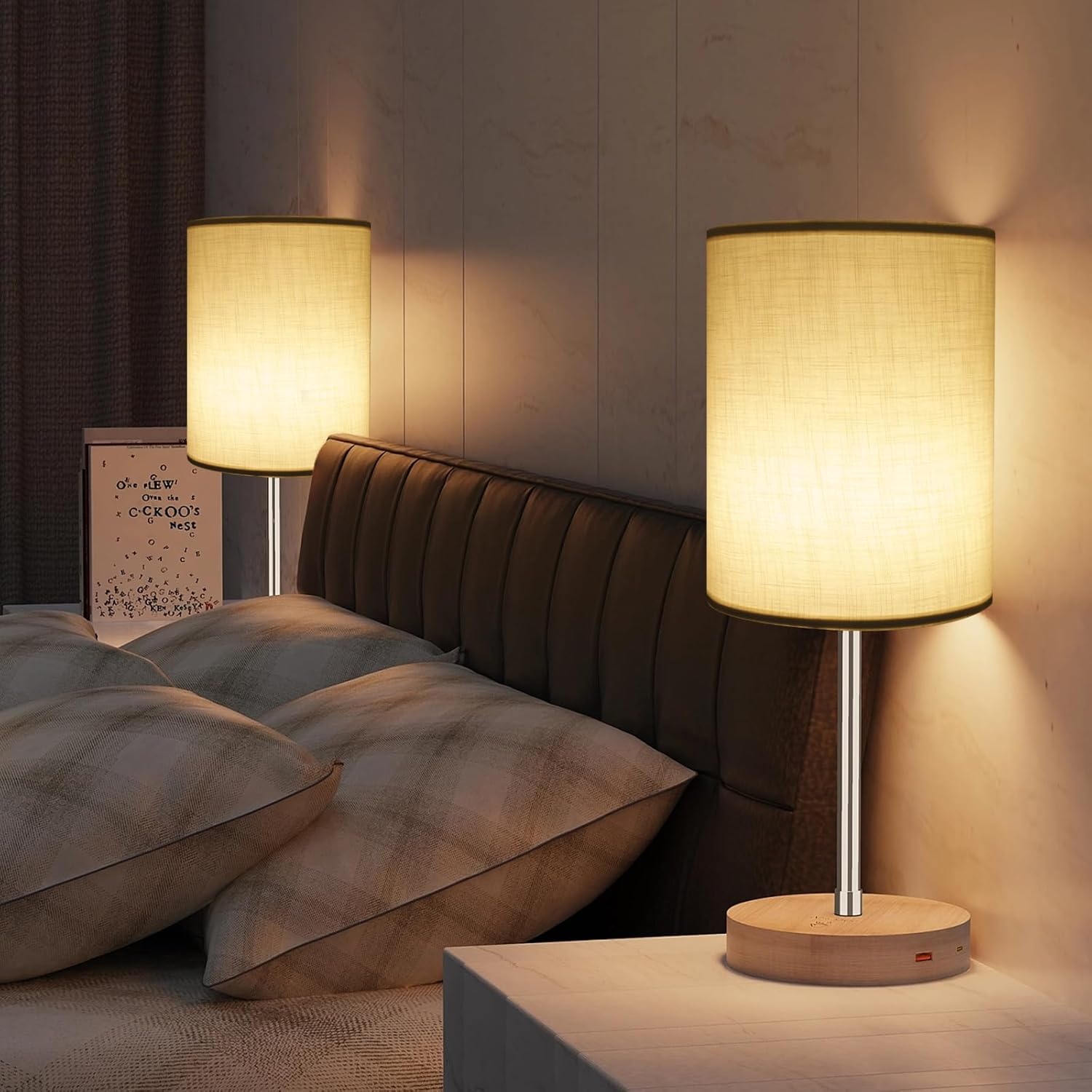 Tall Lamp Shades Set of 2, Drum Lampshade for Table Lamps Floor Lamp, 10" Top X 10" Bottom X 13" High White Large Line Fabric Lamp Shades, Easy Assembly Replacement Lampshades