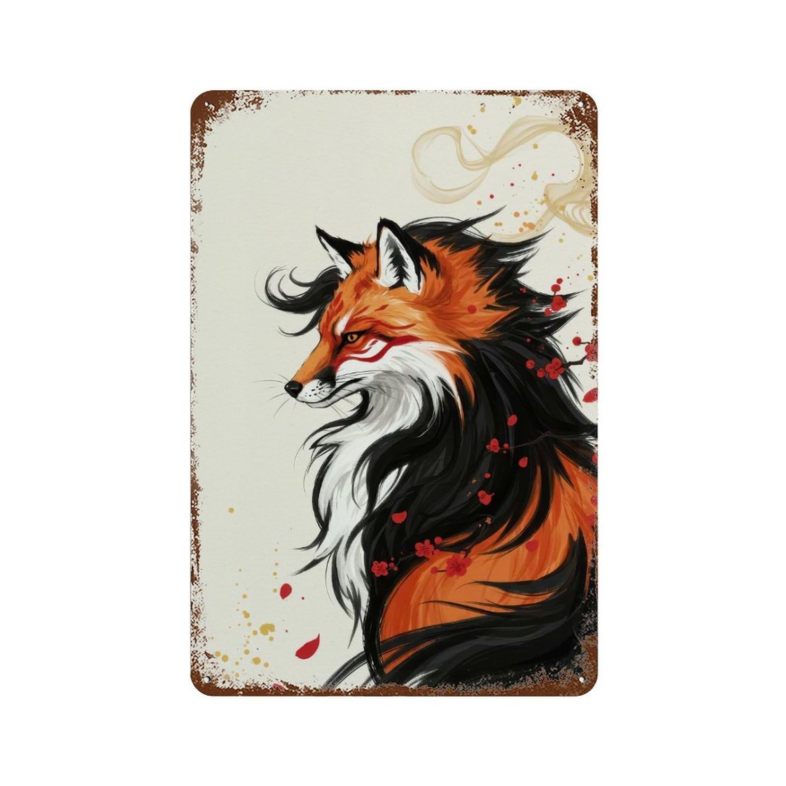 Aged Metal Wall Plaque with Fox Spirit with Blossoms Digital Art Design 11.8"x7.9", for Shed, Workshop And Garage Wall Decor, Decorative Metal Wall Art