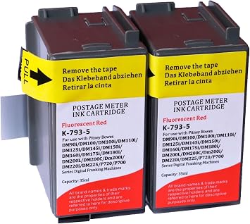 793-5 Red Ink Cartridge Compatible Replacement for Pitney Bowes 793-5 Fluorescent Ink Cartridge for P700 DM100 DM100i DM125i DM150i DM175i DM200L DM225 Postage Meters2PK-Red
