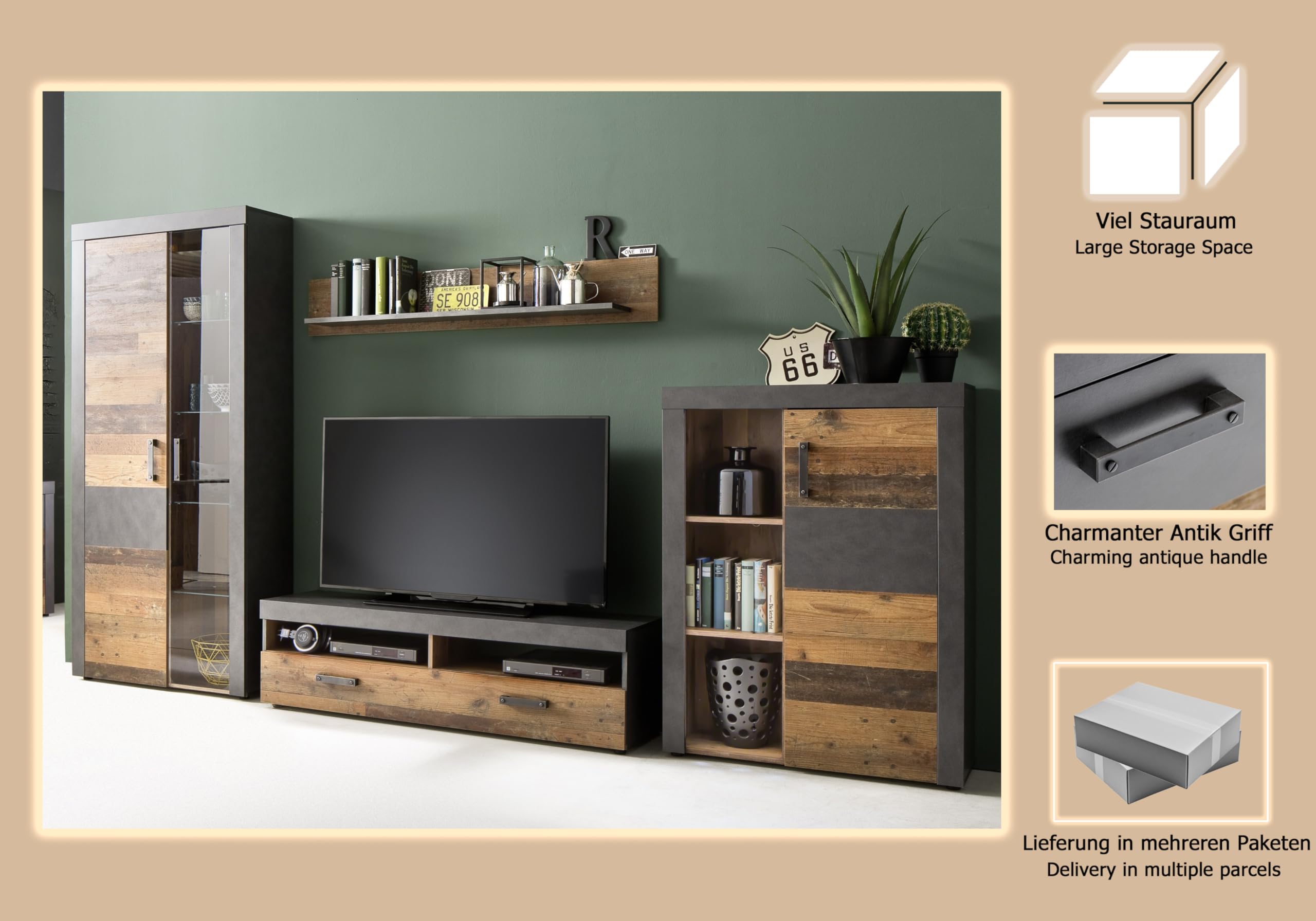 trendteam smart living - Indy - Wohnwand - Eiche/Grau - Anbauwand mit Stauraumvitrine, Stauraumelement, TV-Unterschrank und Wandboard - (BxHxT) 343 x 189 x 40 cm - antikfarbene Griffe