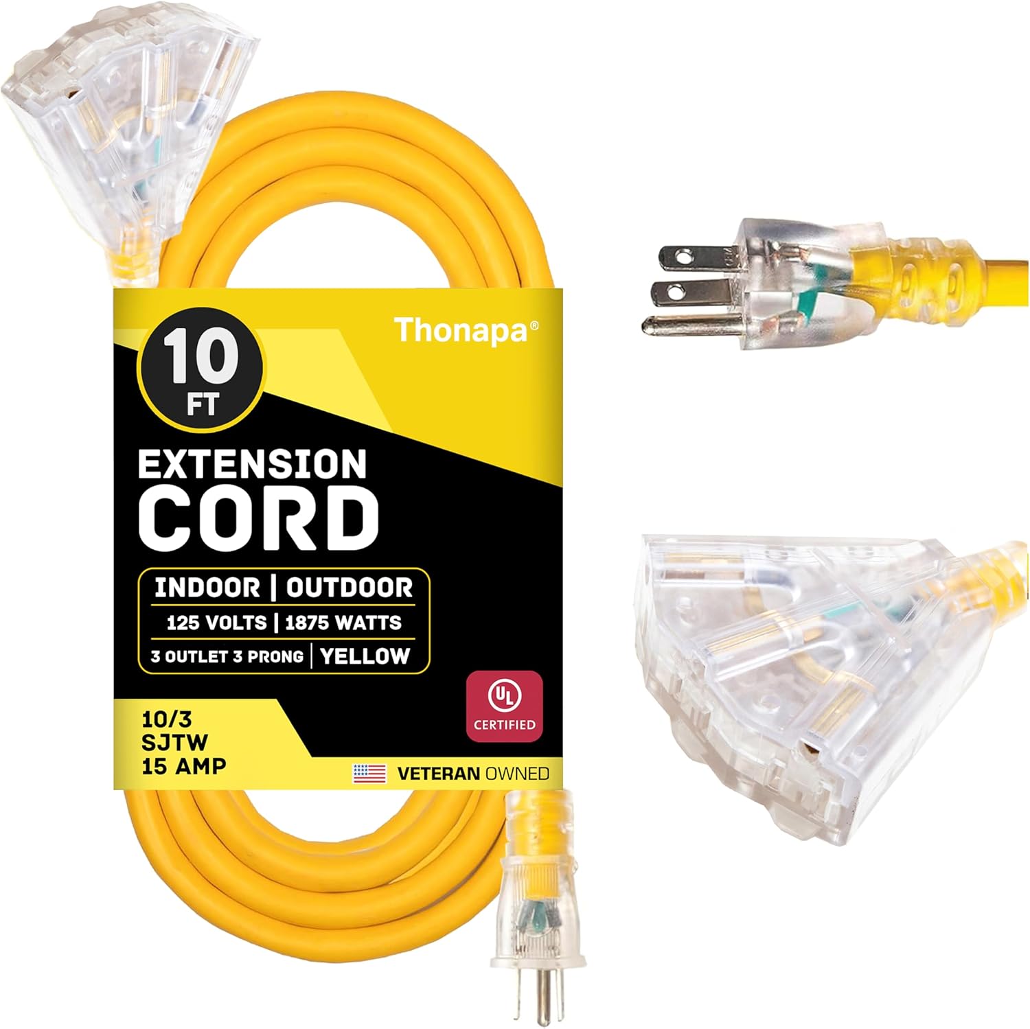 10 Gauge Extension Cord 25 Ft with 3 Outlets, 10/3 Heavy Duty Extension Cord with Multiple Outlets 3 Prong, SJTW Weatherproof Industrial Outdoor Electric Cable Yellow for Major Appliances
