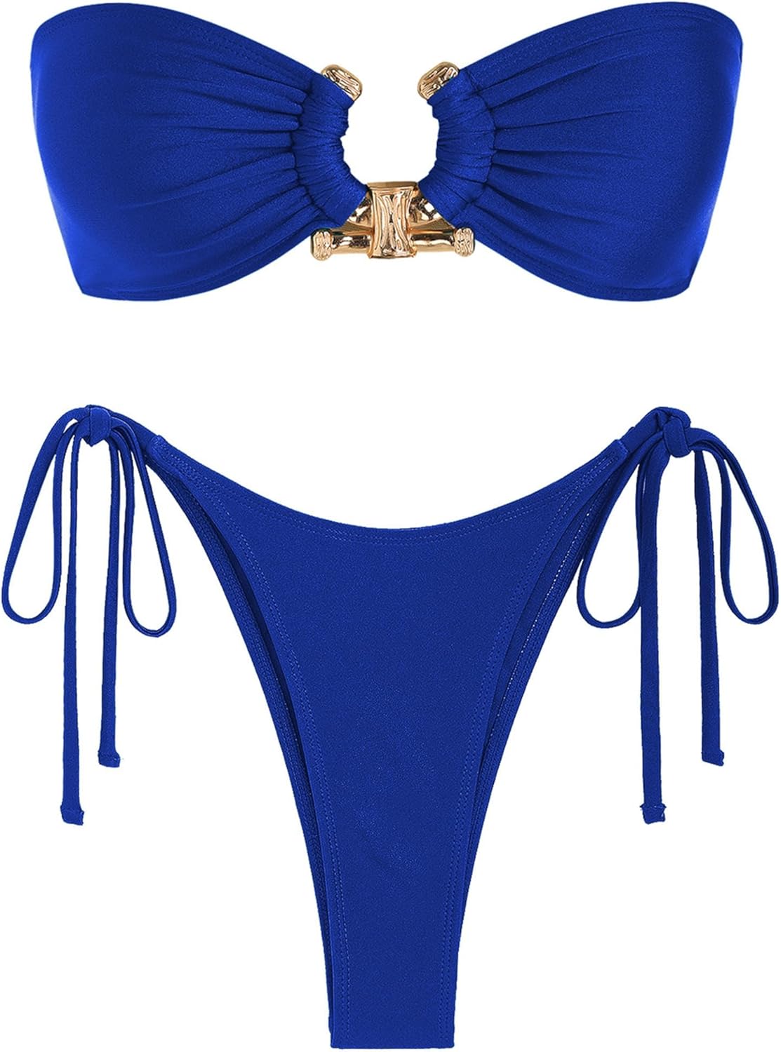 ZAFUL Women's Bandeau Bikini Shiny Metal Ring Decor Lace Up Tied Side High Cut Strapless Swimsuit