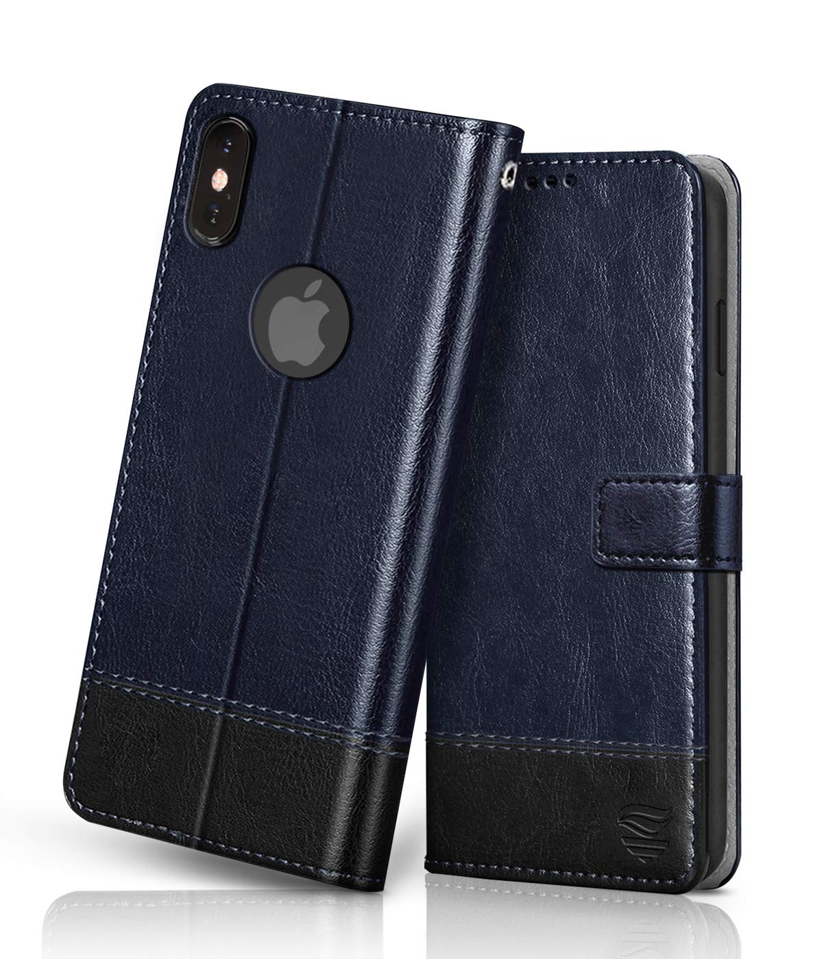 Flipped Vegan Leather Flip Case Back Cover Compatible with Apple iPhone X | Xs (Flexible, Shock Proof | Hand Stitched Leather Finish | Card Pockets Wallet & Stand | Blue with Black)