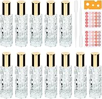 HMIEPRS 12 Pack 10ml Amber Glass Essential Oil Roller Bottles with Stainless Steel Rollerballs, Leakproof Set w/ Opener, Droppers & Stickers