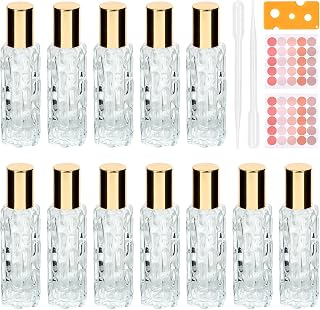 HMIEPRS 12 Pack 10ml Amber Glass Essential Oil Roller Bottles with Stainless Steel Rollerballs, Leakproof Set w/ Opener, Droppers & Stickers
