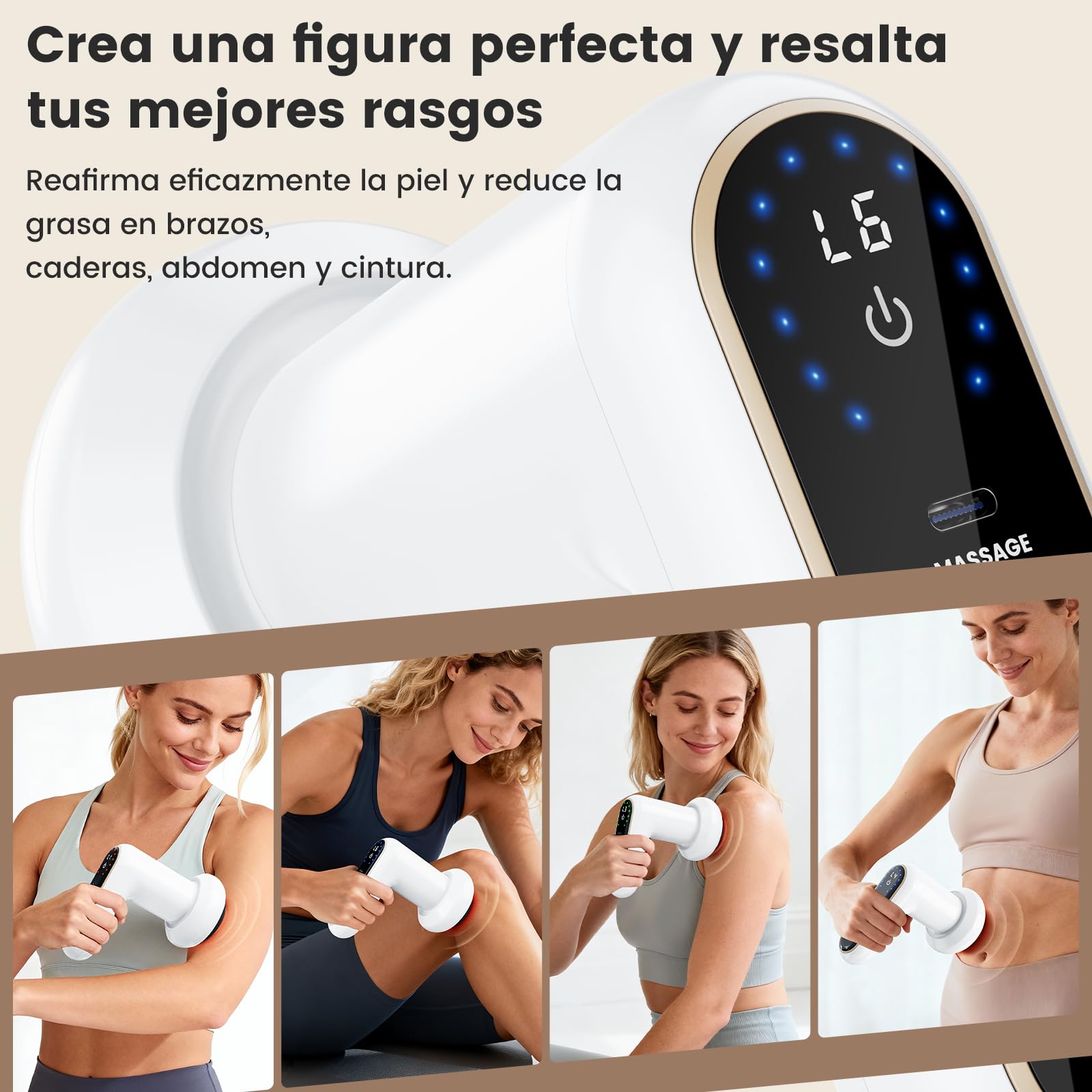 Masajeador Anticelulitico Reductor Eléctrico, Masajeador Lipedema Corporal con 5 Cabezales Intercambiables y 1 Funda de Tela, 6 Niveles de Intensidad y 3 Modos, para Brazos, Abdomen y Piernas