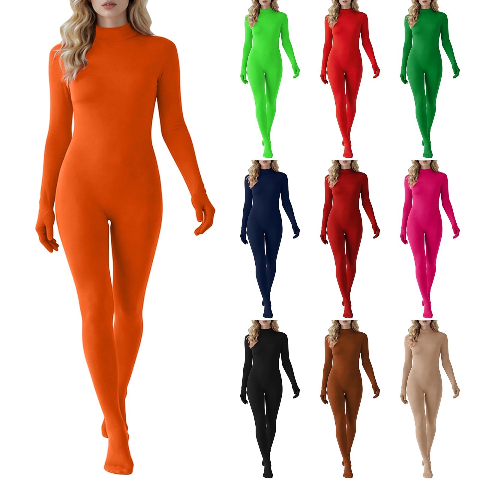 Women's Full Body Bodysuit Zentai Suit Long Sleeve Turtleneck Unitard Stretchy Catsuit Jumpsuit for Halloween Cosplay Fancy Dress Party Orange