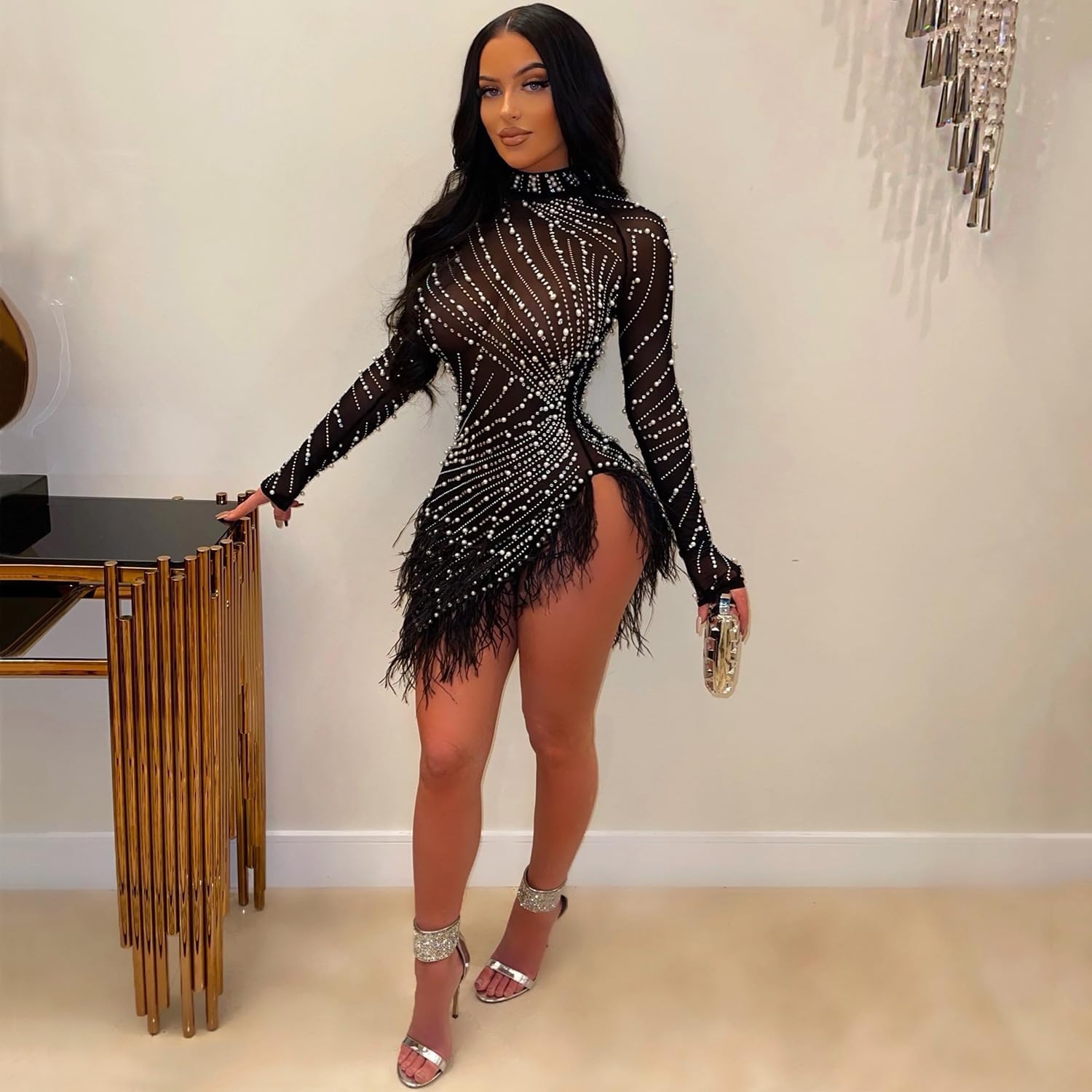 ENOPINK Women Sexy Rhinestone Birthday Dress Feather Mesh Sheer Bodycon Long Sleeve Mini Dresses Party Outfits Clubwear