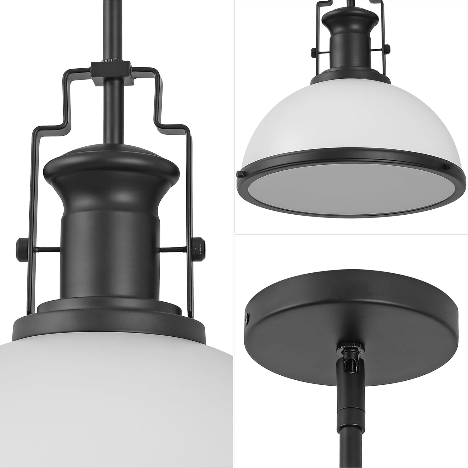JONATHAN Y 13" Matte Black/White Modern Industrial Iron LED Dome Pendant Light, Adjustable Hanging Fixture for Kitchen Island or Entryway, White Metal Shade, LED Bulb Included (JYL9536E)