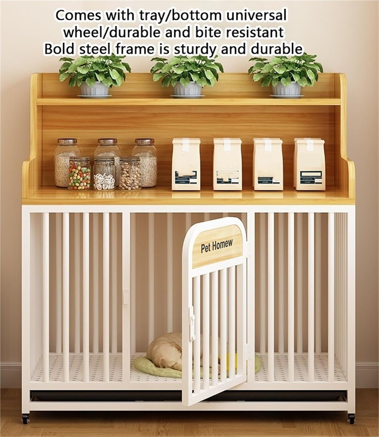 Indoor Dog Crate Multifunctional Pet House with Double-Layer Shelves and Universal Wheels Thickened Steel Frame Decorative Crate,Ideal for Living Room