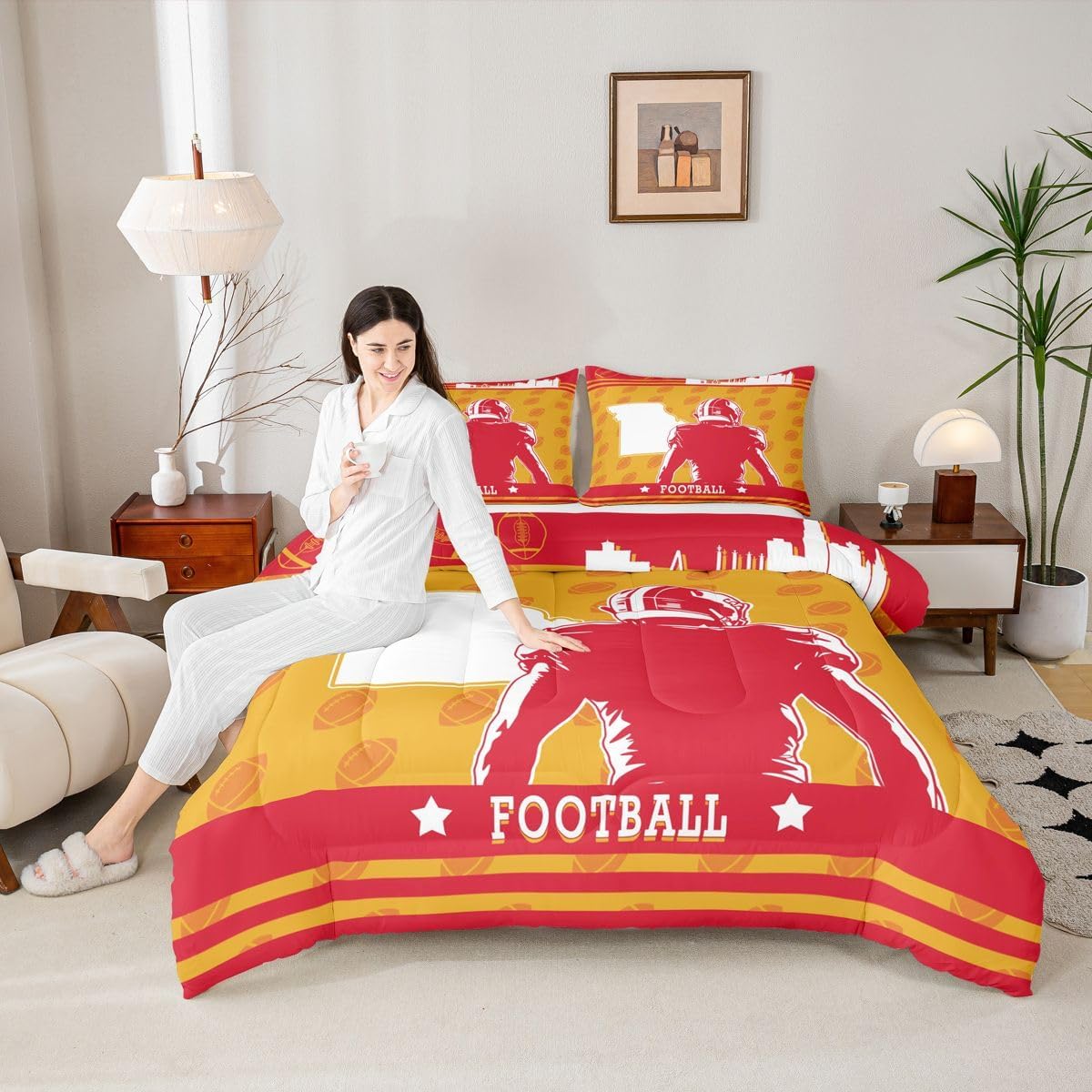 Feelyou Rugby Comforter Set Rugby Decor Sports Game Bedding Comforter Sets Queen, Boys Rugby Bedding Red Yellow Duvet Insert 3Pcs