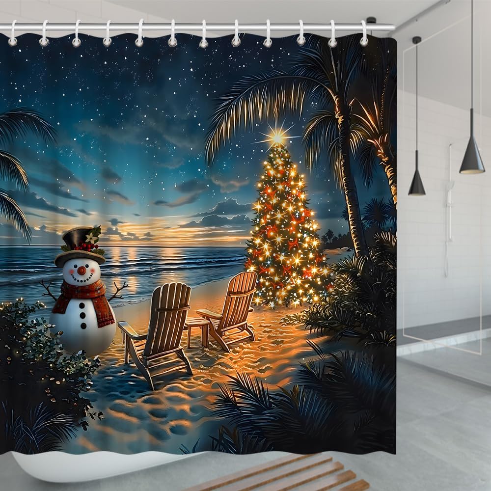 Beach Christmas Shower Curtain Snowman Xmas Tree Palm Trees Starry Sunset Beach Chair Coastal Merry Christmas Bath Decor Polyester Fabric Curtains 106X70 Inch