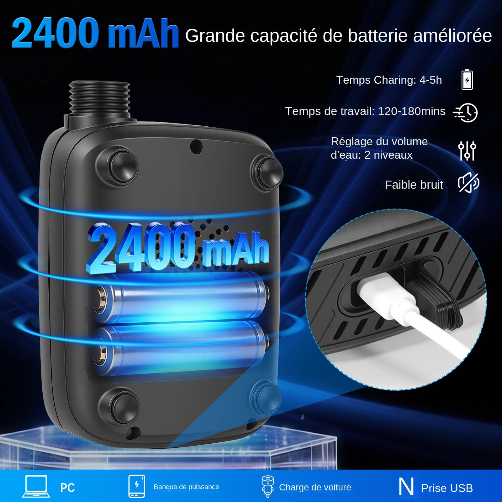 Générique Douche Portable 2400mAh Équipement De Bains en Plein Air | Douche De Pour Animaux Utilisation Polyvalente Pour Campeurs, Plage, Randonnée, Caravanes, , Pêche
