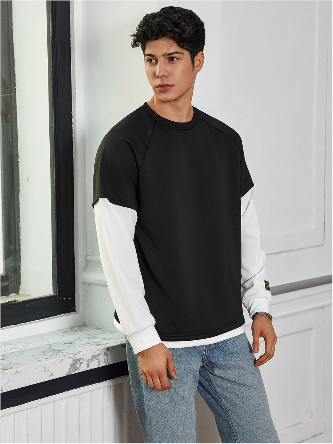 Men's Crewneck Sweatshirts Letter Patched Long Sleeve 2 in 1 Street Pullover Sweatshirt - Image 4