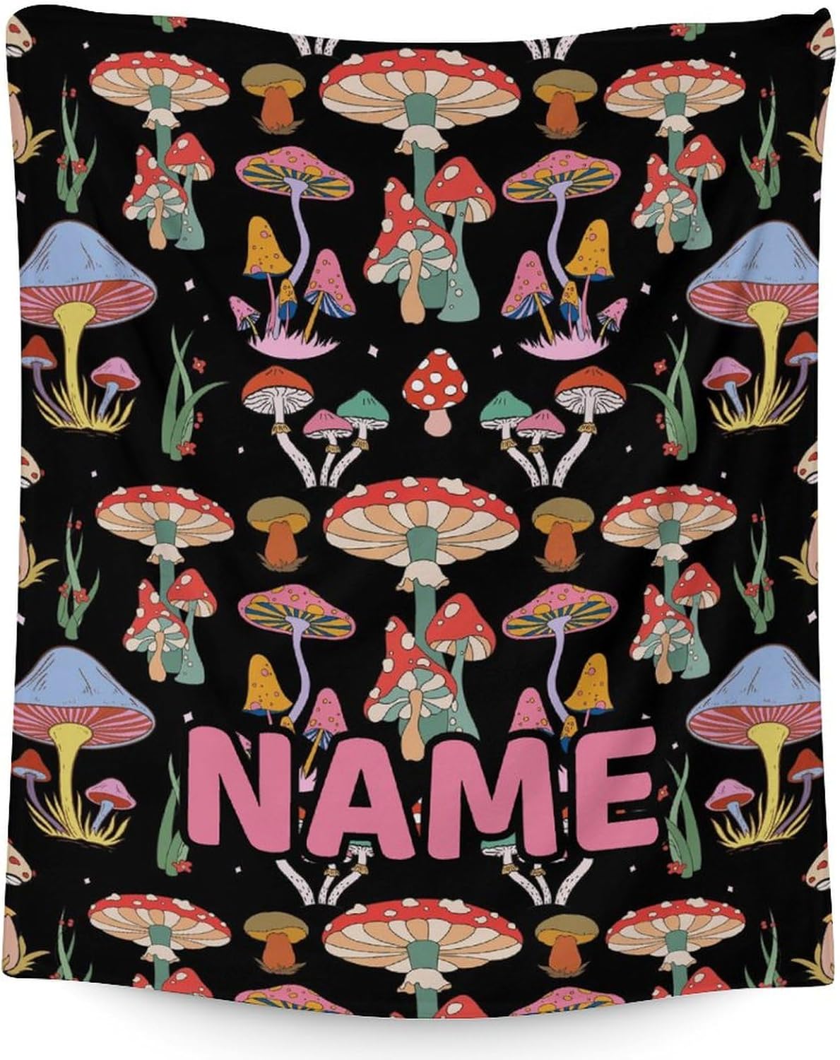 Personalized Mushroom Blanket for Girls, Boys, Women, Men - Soft, Fluffy - 50x60 Inches Throw Size Blanket for Bed, Couch - Black Novelty Cozy Throws Gift with Name
