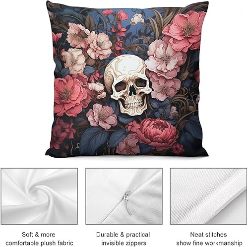 Miniatura 6 de Cojines Decorativos para Sala - Fundas de almohada con diseño de calavera negra con flores rosadas, cuadradas, suaves, de doble cara, para el hogar,