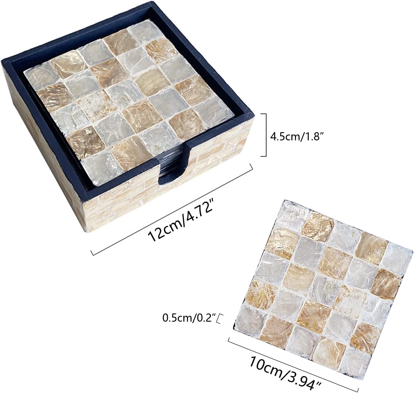 6 Pack Mother of Pearl Squre Coasters with Holder, Seashell Inlay Square Cup Holders with Organizer, Decorative Coasters Capiz Shell Trivet for Coffee Table, 4.8", I-lan