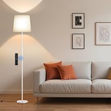 SIBRILLE Living Room Floor Lamp, 9W with Remote Control, 3000K-6000K Reading Lamp with E27 Bulb, Floor Lamps for Bedroom and Office, White Linen Lampshade, White Pole
