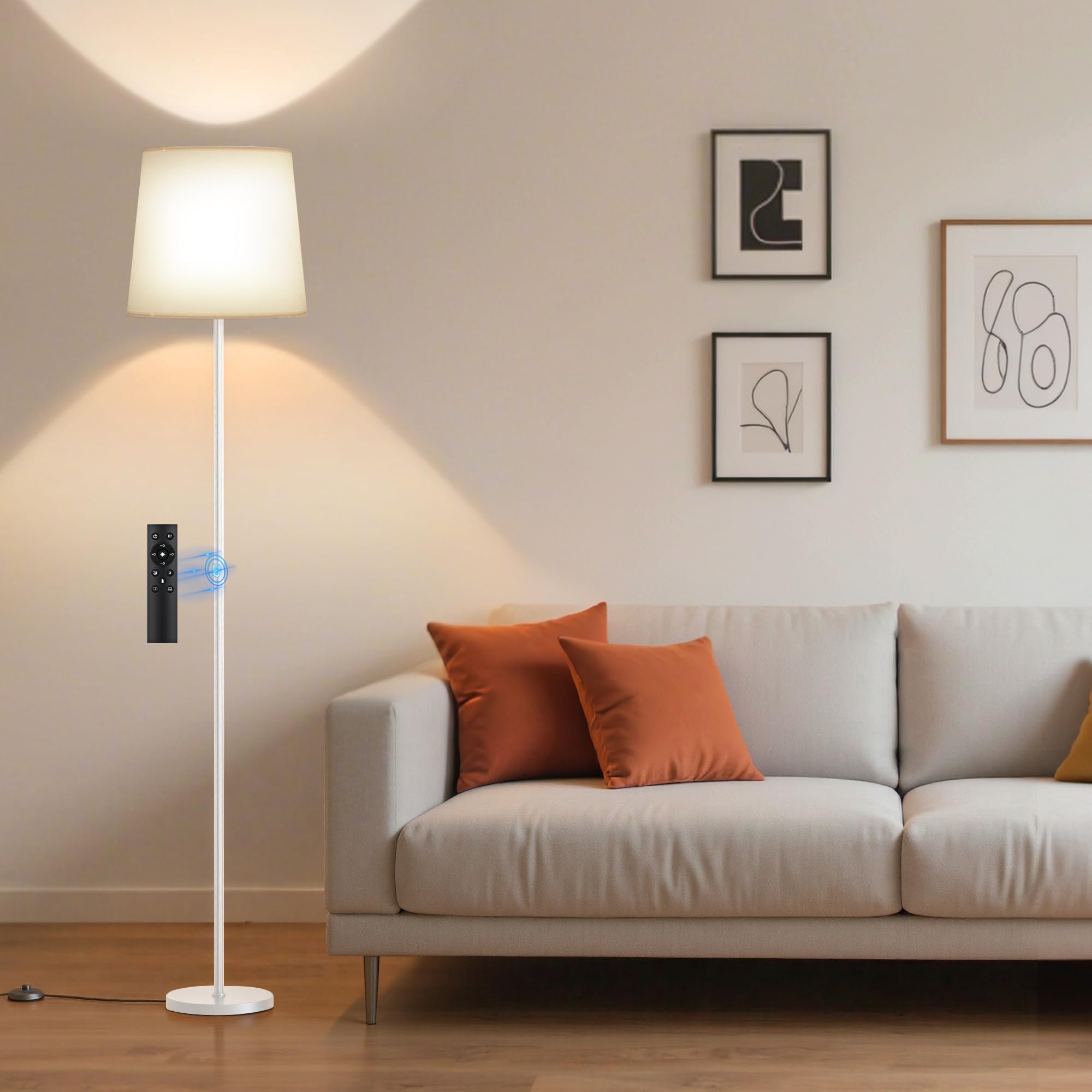 SIBRILLE LED Stehlampe Dimmbar, 9W Stehlampe mit Fernbedienung&Fußschalter, 3000K-6000K Leselampe Stehleuchte LED für Wohnzimmer Schlafzimmer Büro mit Feiner Leinen-Lampenschirm&LED-Glühbirne,Weiß