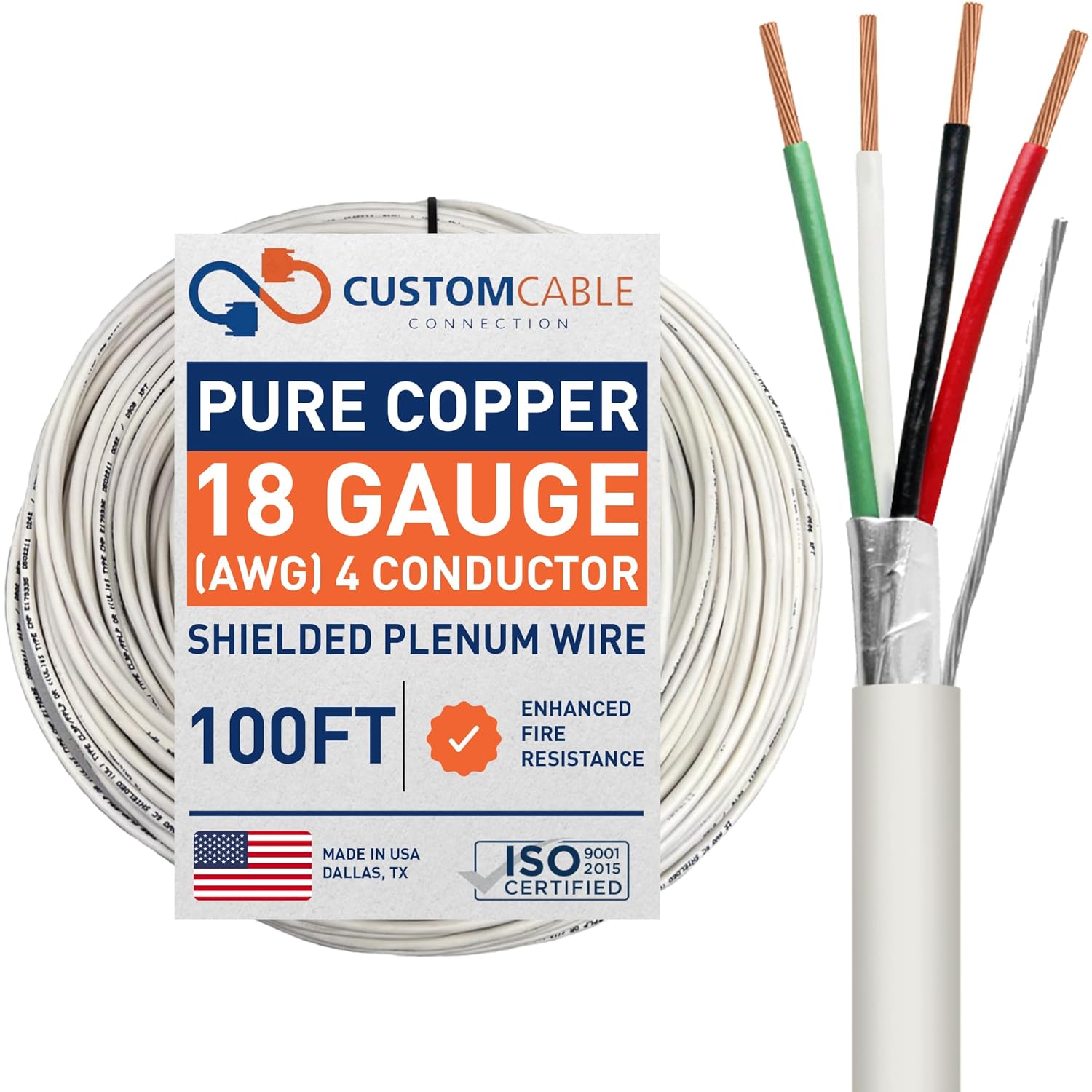 18 Gauge Wire (18 AWG) – 2 Conductor Stranded Copper Shielded Cable – 18/2 Home Electrical Wire – Low Voltage Up to 300V – CL3P Low Smoke Plenum Jacket – USA Made (100ft - White)