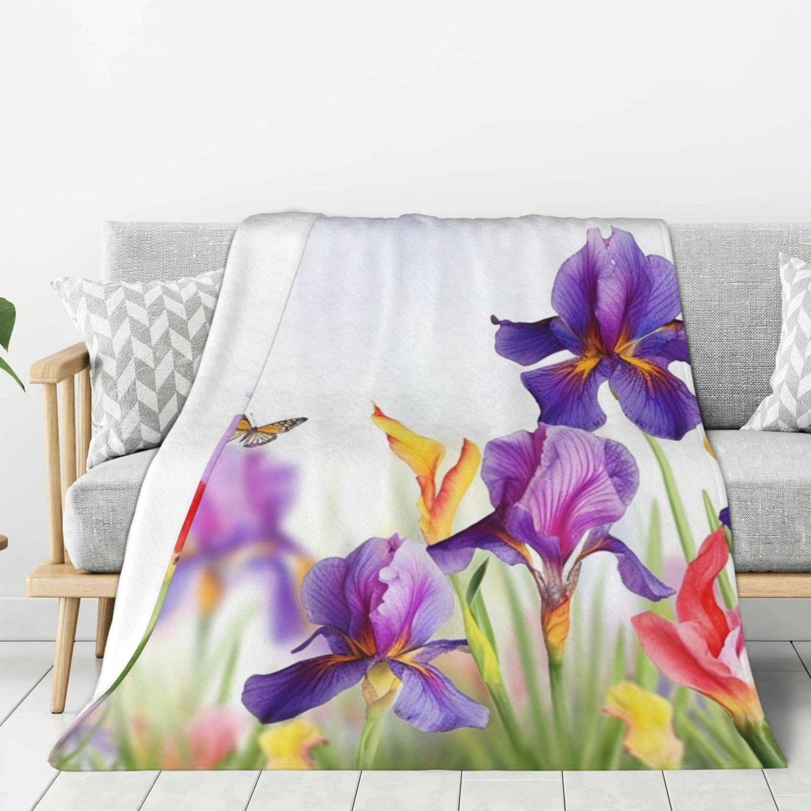 Couverture en flanelle motif iris lit et canapé plaid doux 152x127 cm
