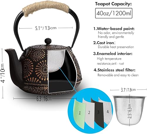 Miniatura 6 de Tetera japonesa de hierro fundido Tetsubin, hervidor de cocina recubierto de esmalte de 40 onzas con infusor de acero inoxidable y mango resistente