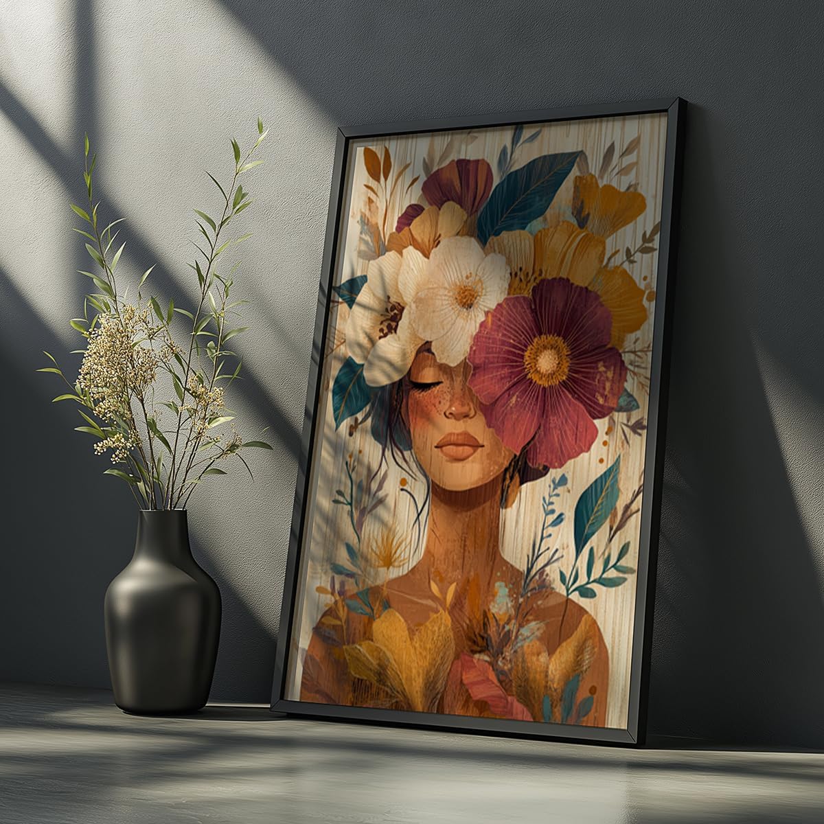 Quadro Decorativo Mulher Flores Coloridas Com Moldura Arte Feminina Floral Rosto Vintage Delicado Parede Elegante Romântico