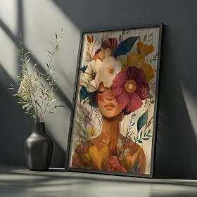 Quadro Decorativo Mulher Flores Coloridas Com Moldura Arte Feminina Floral Rosto Vintage Delicado Parede Elegante Romântico