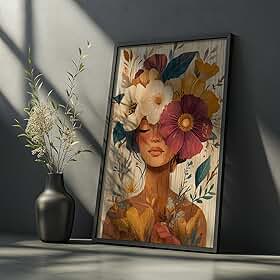 Quadro Decorativo Mulher Flores Coloridas Com Moldura Arte Feminina Floral Rosto Vintage Delicado Parede Elegante Romântico