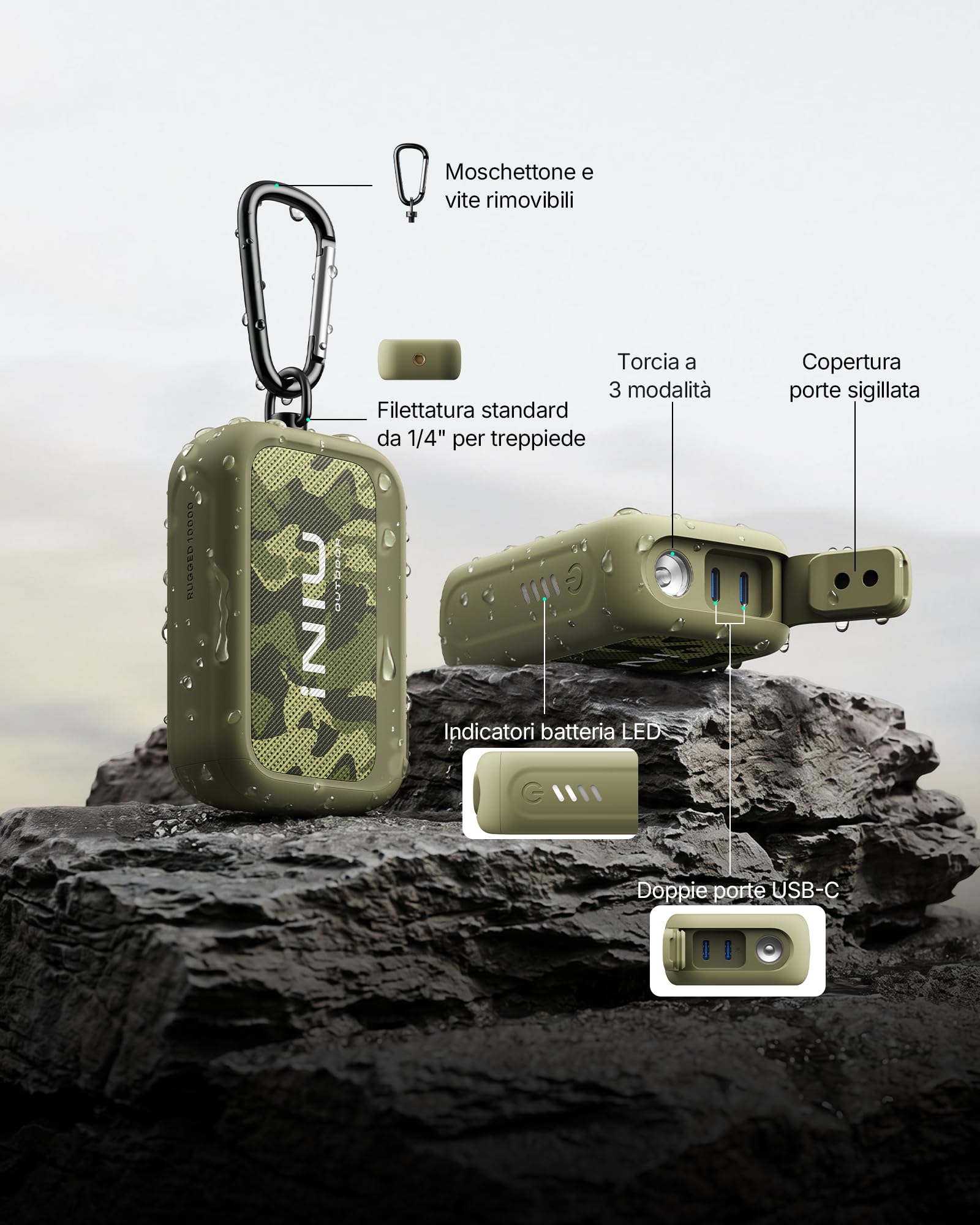 INIU 45W Power Bank, 10000mAh Caricatore Portatile Outdoor Robusto | Batteria per campeggio ed escursioni con moschettone, cavo USB-C e torcia, per iPhone 17 16 Samsung S26 e altro