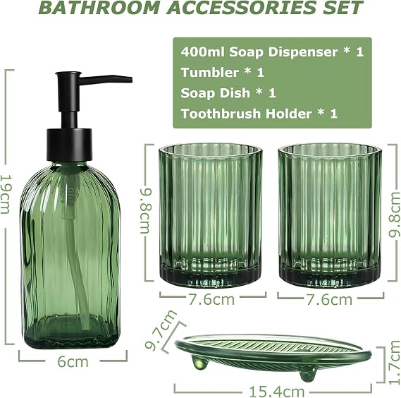 4PCS Green Bathroom Accessories Set, Bathroom Soap Dispenser Set