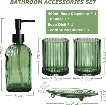 4PCS Green Bathroom Accessories Set, Bathroom Soap Dispenser Set