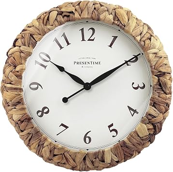 Presentime & Co. Farmhouse Series, Rustic Woven Clock, 14 inch, Natural Woven Water Hyacinth/Sea Grass. Wall Sculpture, Wall Art and Timepiece for Home Decoration/Decoration/Farmhouse Decor