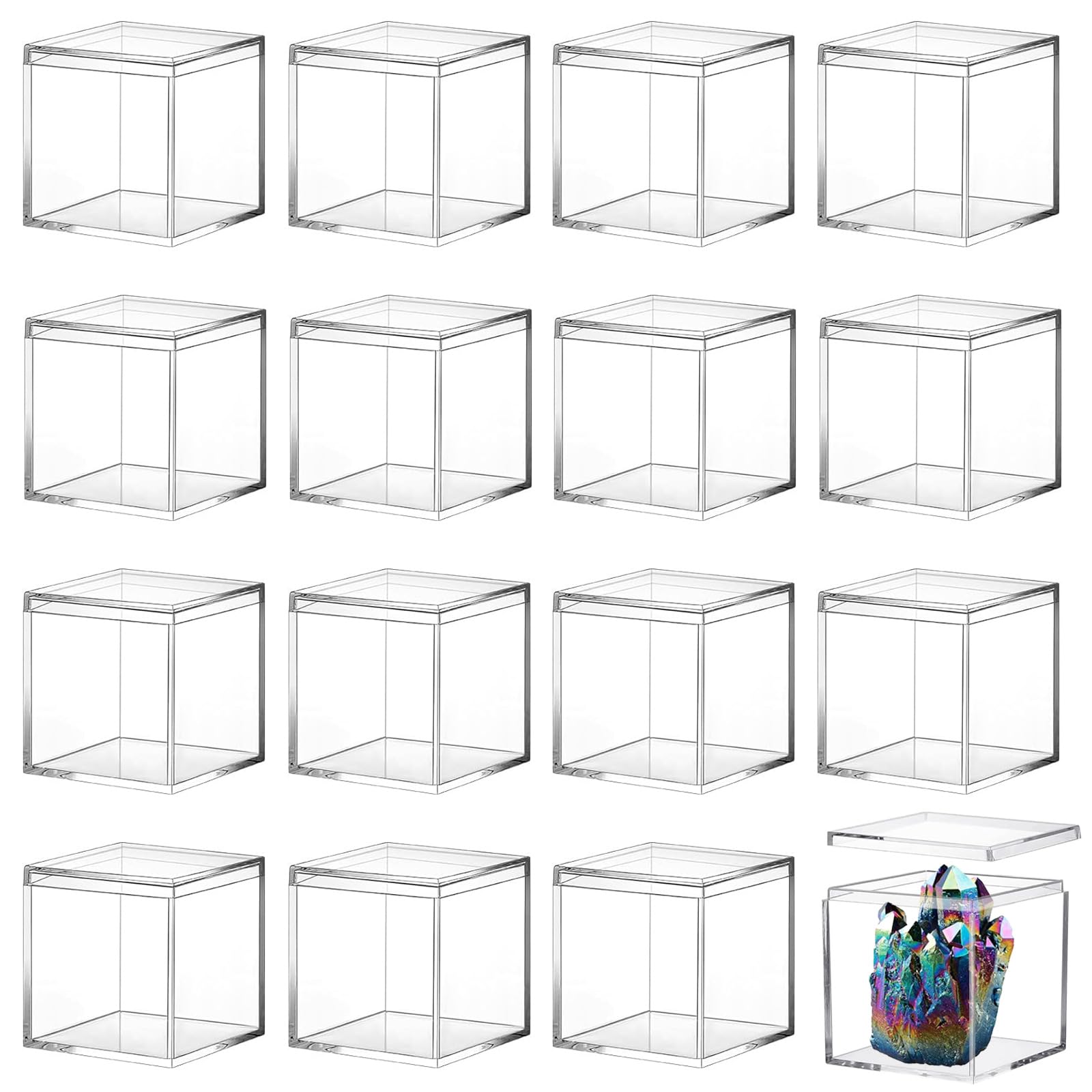 Set di 16 scatole in acrilico trasparente, piccole scatole quadrate in plastica con coperchio, perfette per regali, espositori cosmetici, bomboniere e trucco nization 7,5 x 7,5 x 7,5 cm